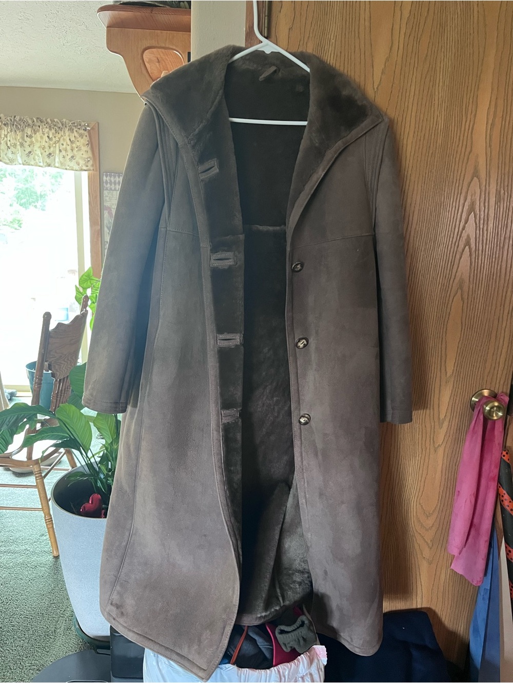 Women’s Long Brown Shearling Coat - Suede Exterior with Plush Lining